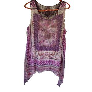One World Boho Top Womens Sz M Asymmetric Hem Crochet Lace Flowy Fairy‎ Festival